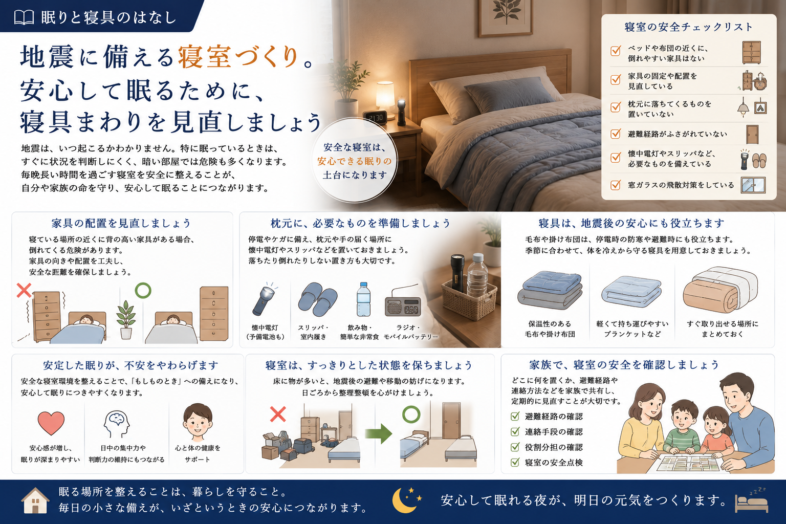 地震に備える寝室づくり。安心して眠るために、寝具まわりを見直しましょう