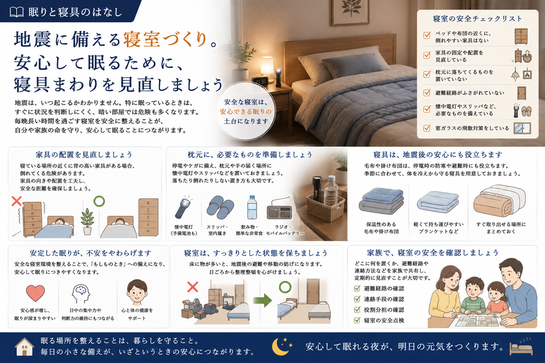 地震に備える寝室づくり。安心して眠るために、寝具まわりを見直しましょう