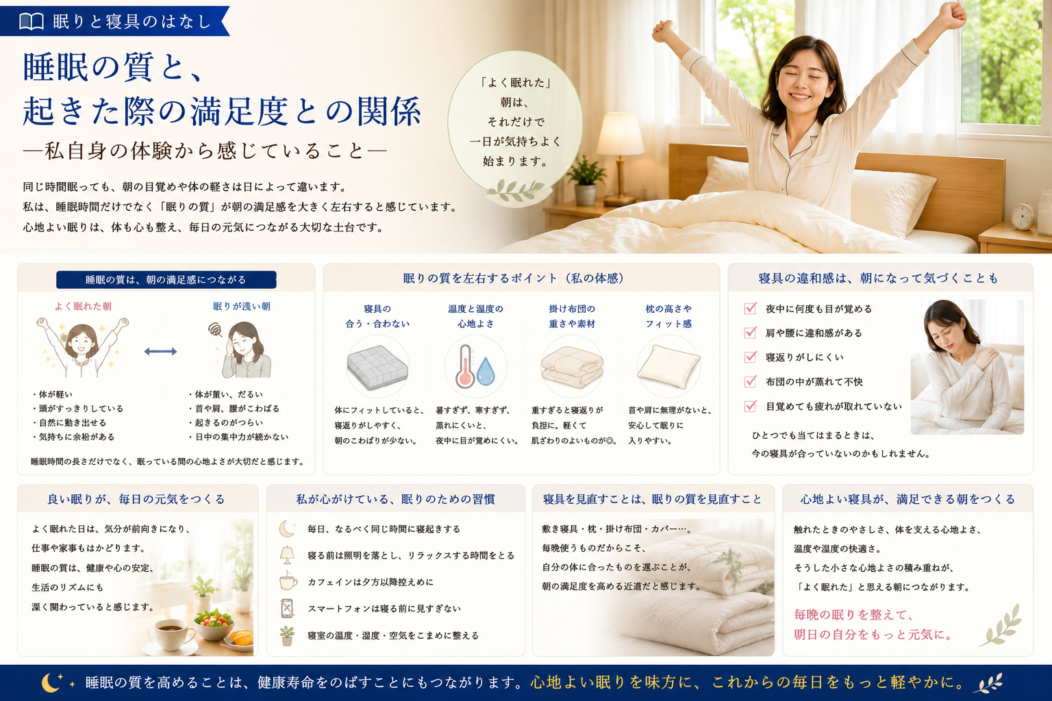 睡眠の質と、朝起きたときの満足感について感じること