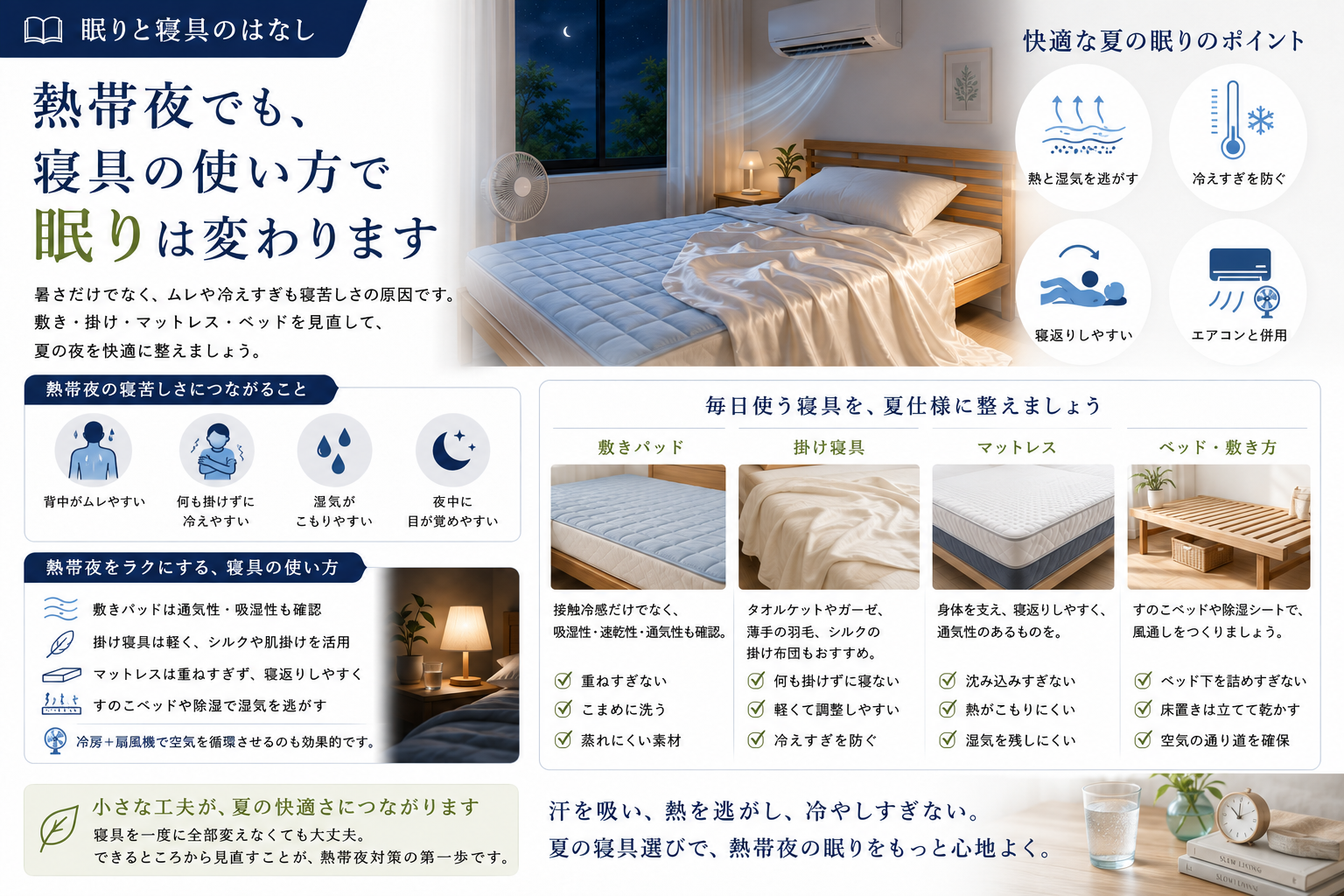 熱帯夜の寝苦しさを減らす、夏の寝具の上手な使い方