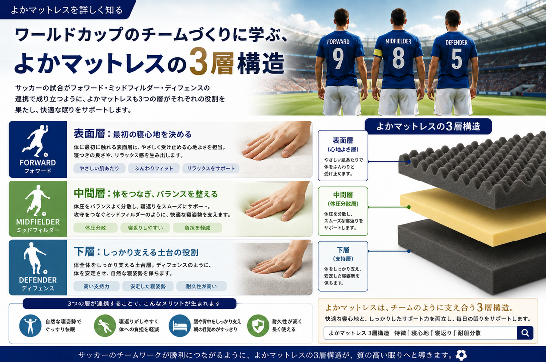 ワールドカップのチームづくりに学ぶ、よかマットレスの3層構造