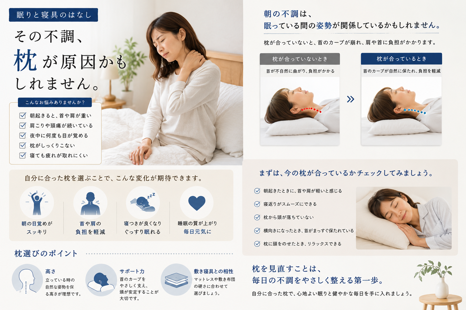 朝の首・肩の違和感は、枕が合っていないサインかもしれません