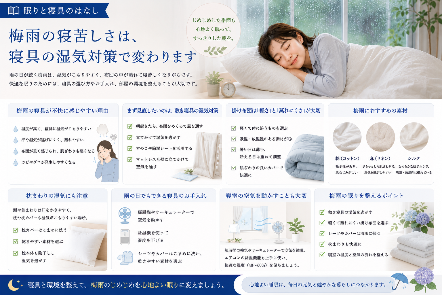 梅雨の寝苦しさは、寝具の湿気対策で変わります