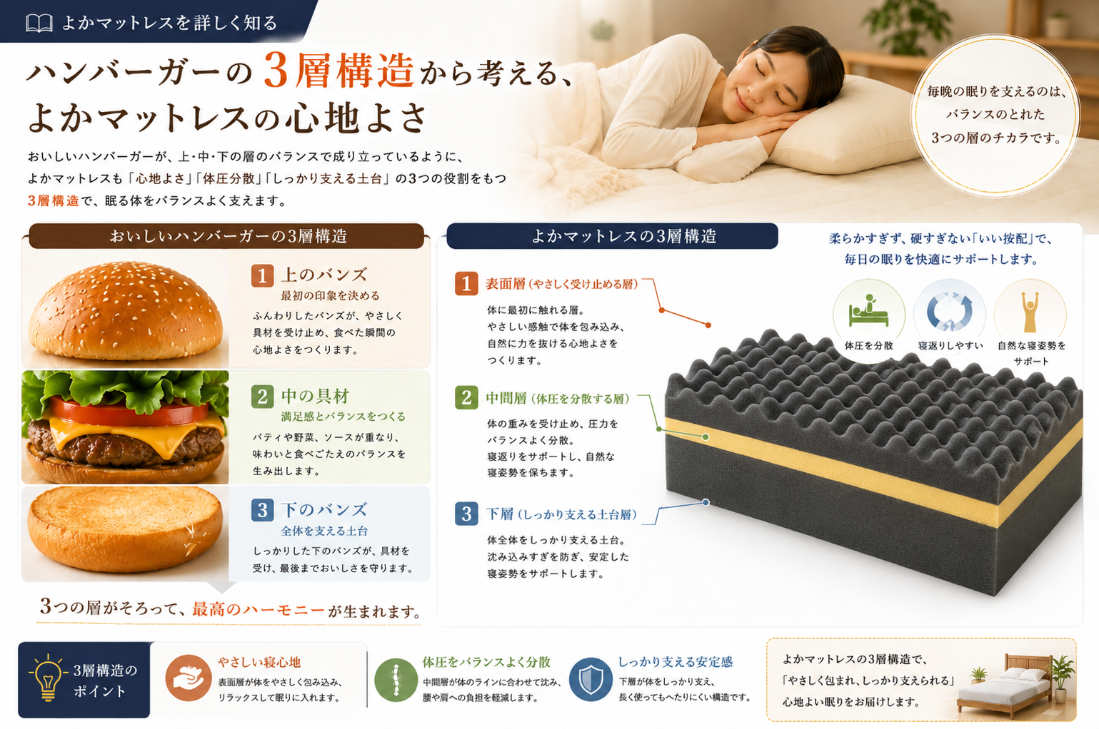 ハンバーガーの3層構造から考える、よかマットレスの心地よさ