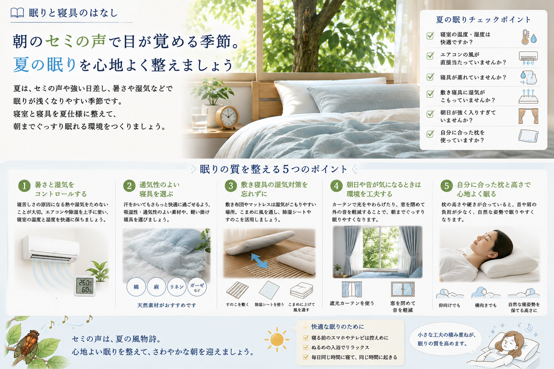 朝のセミの声で目が覚める季節。夏の眠りを心地よく整えるには
