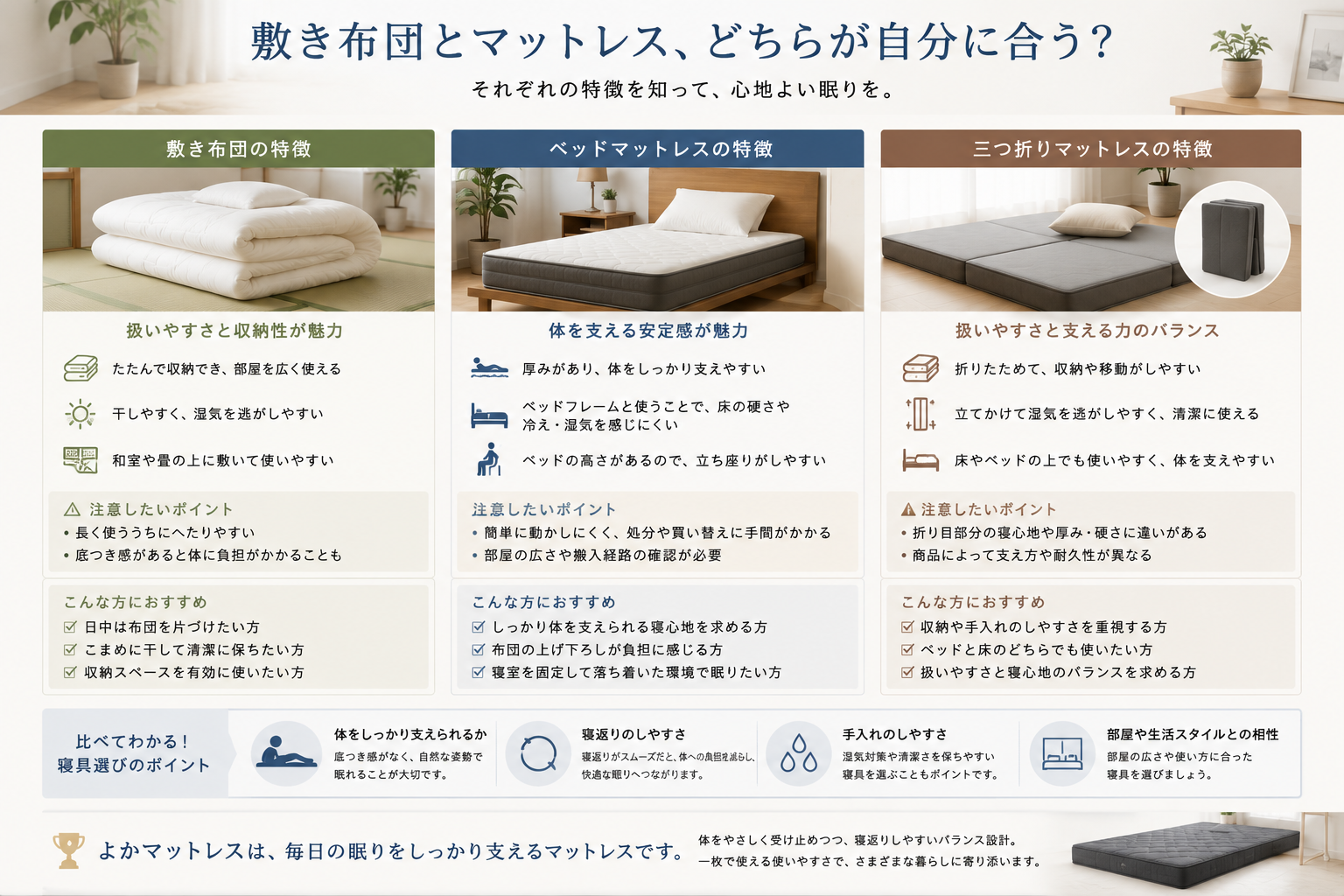 敷き布団とマットレス、どちらが自分に合う？寝具選びで知っておきたい違い